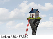Housing access and homeownership challenge as a Real estate buying challenge and house ownership  accessability as a home symbol with difficulty in owning a family home with 3D illustration elements. Стоковое фото, агентство Ingram Publishing / Фотобанк Лори
