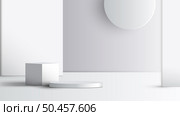 3D realistic empty studio room white and gray podium cylinder pedestal decoration partition and circle frame on clean background. You can use for minimal scene product display presentation platform. Vector illustration. Стоковая иллюстрация, агентство Ingram Publishing / Фотобанк Лори