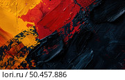 Detailed view of an abstract painting featuring vibrant red, yellow, and black colors blending in striking patterns and shapes. Стоковое AI-изображение, AI-художник Данила Большаков / Фотобанк Лори