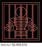 Neon prisoner behind bars holds rods with his hands Angry man watch through lattice in jail Incarceration concept red color vector illustration image flat style light. Neon prisoner behind bars holds rods with his hands Angry man watch through lattice in jail Incarceration concept red color vector illustration image flat style. Стоковая иллюстрация, агентство Ingram Publishing / Фотобанк Лори