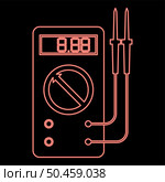 Neon digital multimeter for measuring electrical indicators AC DC voltage amperage ohmmeter power with probes red color vector illustration image flat style light. Neon digital multimeter for measuring electrical indicators AC DC voltage amperage ohmmeter power with probes red color vector illustration image flat style. Стоковая иллюстрация, агентство Ingram Publishing / Фотобанк Лори