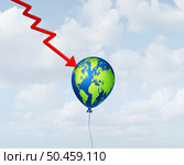 Global recession risk and world economy declining as international business crisis or economic decline and financial fall as a downward arrow piercing a balloon shaped as the planet Earth as a 3D illustration. Стоковое фото, агентство Ingram Publishing / Фотобанк Лори
