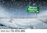 Severe winter Weather and extreme winter blizzard storm ahead as a very cold and windy warning sign as a meteorolgy and meteorological forecasting as a natural disaster snow fall as strong gusts of wind with 3D illustration elements. Стоковое фото, агентство Ingram Publishing / Фотобанк Лори