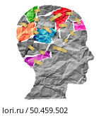 Mental Health Treatment Brain disease therapy and mental health treatment concept as a sheet of torn crumpled white paper taped together shaped as a side profile of a human face on wood as a symbol for neurology surgery and medicine or psychological help. Стоковое фото, агентство Ingram Publishing / Фотобанк Лори