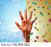 Hand Hygiene Reducing The Spread Of Infections and Reducing Infections and Infectious diseases spread with washing hands contaminated  with germs virus and bacteria with soap to prevent transmission with 3D illustration elements. Стоковое фото, агентство Ingram Publishing / Фотобанк Лори