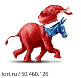 Fake conservative or closet liberal as a blue Donkey pretending or masquerading as a red Elephant in an American election campaign as a symbol of opposition research politics and US political strategy in a 3D illustration style. Стоковое фото, агентство Ingram Publishing / Фотобанк Лори