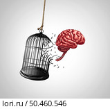 Breaking Free From Mental Confinement and unleashing the mind or escaping cognitive restriction as a human brain setting itself free from psychological limitations or overcoming habits and thinking  barriers as a 3D illustration. Стоковое фото, агентство Ingram Publishing / Фотобанк Лори