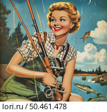 Retro pin-up illustration depicting a smiling woman with fishing rods in her hands against the backdrop of a lake and pine forest. Bright saturated colors, stylized background and expressive facial expressions of the heroine create an atmosphere of a cheerful outdoor recreation. The work is made in the vintage aesthetics of the 1950s and evokes associations with American advertising of that era. Ideal for posters, calendars, design of fishing products and thematic retro projects. Стоковое AI-изображение, AI-художник Анна Кривицкая / Фотобанк Лори