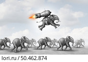 Market leadership and business success as a concept for prosperity and achievement as an elephant taking off on a rocket engine winning over the competition using technology and innovation with 3D illustration elements. Стоковое фото, агентство Ingram Publishing / Фотобанк Лори