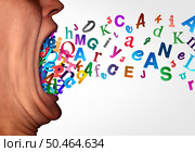 Grammer And Phonics or Learning language and spoken word and Autistic spectrum or Dyslexia disorder concept as an open human mouth made of Alphabet letters as a symbol for education and mental health in a 3D illustration style. Стоковое фото, агентство Ingram Publishing / Фотобанк Лори