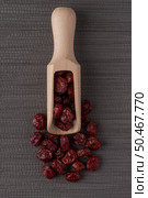 Top view of wooden scoop with dried cranberries against grey vinyl background. Стоковое фото, агентство Ingram Publishing / Фотобанк Лори
