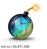 Stock market time bomb as a volatile or volatility concept with an explosive with financial charts and a lit burning fuse as a dangerous investor warning of an urgent market crash with an impending explosion warning  as a 3D illustration. Стоковое фото, агентство Ingram Publishing / Фотобанк Лори
