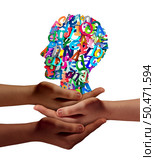 Community Reading and Language concept or Learning to read and speech therapy comprehension or spoken words and Autistic spectrum or Dyslexia disorder as a human head made of Alphabet letters with the support of diverse people in a 3D illustration style. Стоковое фото, агентство Ingram Publishing / Фотобанк Лори