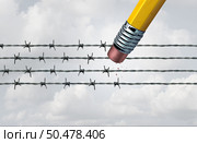 Eliminating Oppression and fighting for the oppressed by liberation as a pencil eraser erasing the barbed wires resulting in freedom and liberty as a justice symbol with 3D illustration elements. Стоковое фото, агентство Ingram Publishing / Фотобанк Лори
