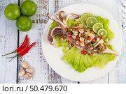 Spicy lemon squid with galangal, chilies, carrots, peppermint, spring onions and garlic on a plate on a white wooden floor. Стоковое фото, агентство Ingram Publishing / Фотобанк Лори