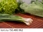 Spring onions placed on a wooden plate. Selective focus. Стоковое фото, агентство Ingram Publishing / Фотобанк Лори