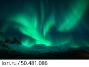 Northern lights over the snowy mountains at night in Lofoten, Norway. Aurora borealis above the snow covered rocks. Winter landscape with polar lights, mountain peak. Starry sky with bright aurora. Стоковое фото, агентство Ingram Publishing / Фотобанк Лори