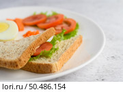 Boiled eggs, bread, carrots, and tomatoes on a white plate with a knife and fork. Selective focus. Стоковое фото, агентство Ingram Publishing / Фотобанк Лори