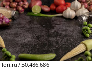 Baby corn, green peas, eggplant, garlic, tomato, lime, scallion and red onion placed on a black cement floor. Стоковое фото, агентство Ingram Publishing / Фотобанк Лори