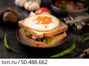 Breakfast sandwich made with bread, fried egg, ham, and lettuce. Стоковое фото, агентство Ingram Publishing / Фотобанк Лори