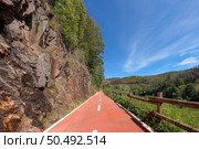 Point of view shot of riding a bicycle in Sever do Vouga, Portugal. Features a wide view of the bike track and the natural scenery. Стоковое фото, агентство Ingram Publishing / Фотобанк Лори