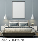 3D illustration Design modern interior bedroom with mockup picture frame on the wall over bed with bedding and cosy furniture, Scandinavian style, 3D rendering. Стоковое фото, агентство Ingram Publishing / Фотобанк Лори