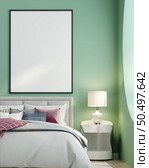 3D illustration Design modern interior bedroom with mockup picture frame on the wall over bed with bedding and cosy furniture, Scandinavian style, 3D rendering. Стоковое фото, агентство Ingram Publishing / Фотобанк Лори