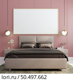 3D illustration Design modern interior bedroom with mockup picture frame on the wall over bed with bedding and cosy furniture, Scandinavian style, 3D rendering. Стоковое фото, агентство Ingram Publishing / Фотобанк Лори