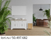 3D illustration mockup photo frame on the wall over basin, wooden bathtub in bathroom with plant pot, Decorated with comfortable equipment on wooden floor, rendering. Стоковое фото, агентство Ingram Publishing / Фотобанк Лори