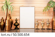 3D illustration mockup photo frame on beautiful wall in gallery hall or lobby of luxury building, Decorated with scandinavian style interior and natural rendering. Стоковое фото, агентство Ingram Publishing / Фотобанк Лори