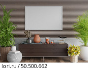 3D illustration mockup photo frame on beautiful wall over cabinet, flowers in vase and set of candle on top, Decorated with scandinavian style interior and natural rendering. Стоковое фото, агентство Ingram Publishing / Фотобанк Лори