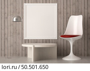 3D illustration mockup photo frame on the wall in living room, decorated with stool chair, coffee table and stand lamp, rendering. Стоковое фото, агентство Ingram Publishing / Фотобанк Лори