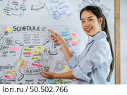 Young asian woman smiling and present planing of project on board in meeting room, copy space. Стоковое фото, агентство Ingram Publishing / Фотобанк Лори
