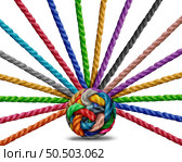 Interconnected Diversity Metaphor as a symbol of a diverse society and team communication or radiating network and networking from a central point as ropes intertwined. Стоковое фото, агентство Ingram Publishing / Фотобанк Лори
