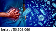 Foodborne Illness and Stomach Pains or stomachache with a painful digestive system ache as an abdominal illness or stomach infection with 3D illustration elements. Стоковое фото, агентство Ingram Publishing / Фотобанк Лори