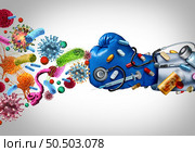 Preventive Medicine and medical treatment for disease as cancer or infection therapy due to virus or bacterial illness as a doctor fighting the pathogen cells with 3D illustration elements. Стоковое фото, агентство Ingram Publishing / Фотобанк Лори