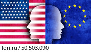United States European Union Relations with EU and US geopolitical issues or economic challenge as exports and imports between the two as Washington and Brussels in a 3D illustration style. Стоковое фото, агентство Ingram Publishing / Фотобанк Лори