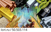 Commodity And Commodities and economic goods and natural resources or goods to trade or exchange as a stock market trading as crude oil coffee beans copper gold with 3D illustration elements. Стоковое фото, агентство Ingram Publishing / Фотобанк Лори