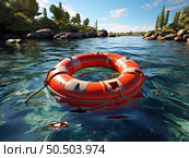 Resilient Savior: A Vibrant Life Preserver Casually Drifts in the Azure Waters. Стоковое AI-изображение, AI-художник Данила Большаков / Фотобанк Лори