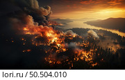 Infernos Embrace: A Majestic Fire Consumes the Heart of the Forest. Стоковое AI-изображение, AI-художник Данила Большаков / Фотобанк Лори