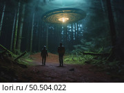 In the eerie calm of the forest, two individuals stand transfixed as they observe the extraordinary sight of a UFO bathed in otherworldly light piercing the darkness. Стоковое AI-изображение, AI-художник Данила Большаков / Фотобанк Лори