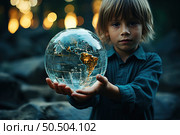 Innocence Unveiled: A Young Boy Holds the World in His Hands. Стоковое AI-изображение, AI-художник Данила Большаков / Фотобанк Лори