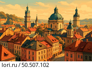Warm Lviv panorama with church domes and cobbled street rooftops. Стоковая иллюстрация, иллюстратор Максим Гребешков / Фотобанк Лори