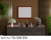 3D illustration, Mockup photo frame on the wall of living room, Interior with houseplant, vases and beautiful furniture, rendering. Стоковое фото, агентство Ingram Publishing / Фотобанк Лори