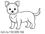 Black and white outline drawing of a cute dog with big eyes and protruding ears, standing sideways on a white background. Children's coloring. Стоковое AI-изображение, AI-художник Коханова Наталья / Фотобанк Лори