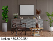 3D illustration, Mockup photo frame on the wall of living room, Interior with houseplant, vases and beautiful furniture, rendering. Стоковое фото, агентство Ingram Publishing / Фотобанк Лори