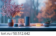 Serene Windowsill Scene with Blossoms and Smart Home Devices at Dusk. Стоковое AI-изображение, AI-художник Данила Большаков / Фотобанк Лори