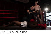 The referee stopped the fight. When one boxer is knocked out and cannot stand up to fight within a count of one to ten from the referee, Muay Thai, Thai martial arts. Стоковое фото, агентство Ingram Publishing / Фотобанк Лори
