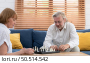 In the living room of the house, an elderly couple sits and relaxes. to begin playing chess together with a chess board. Стоковое фото, агентство Ingram Publishing / Фотобанк Лори