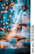 Chef Flambéing Dish in a Restaurant Kitchen. Стоковое AI-изображение, AI-художник Данила Большаков / Фотобанк Лори
